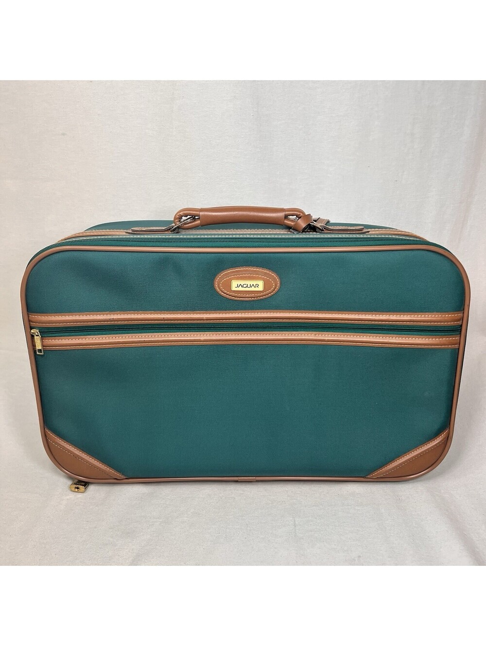 Vintage Jaguar GREEN Nylon / BROWN Leather Travel Bag Luggage Suit Case Carry On